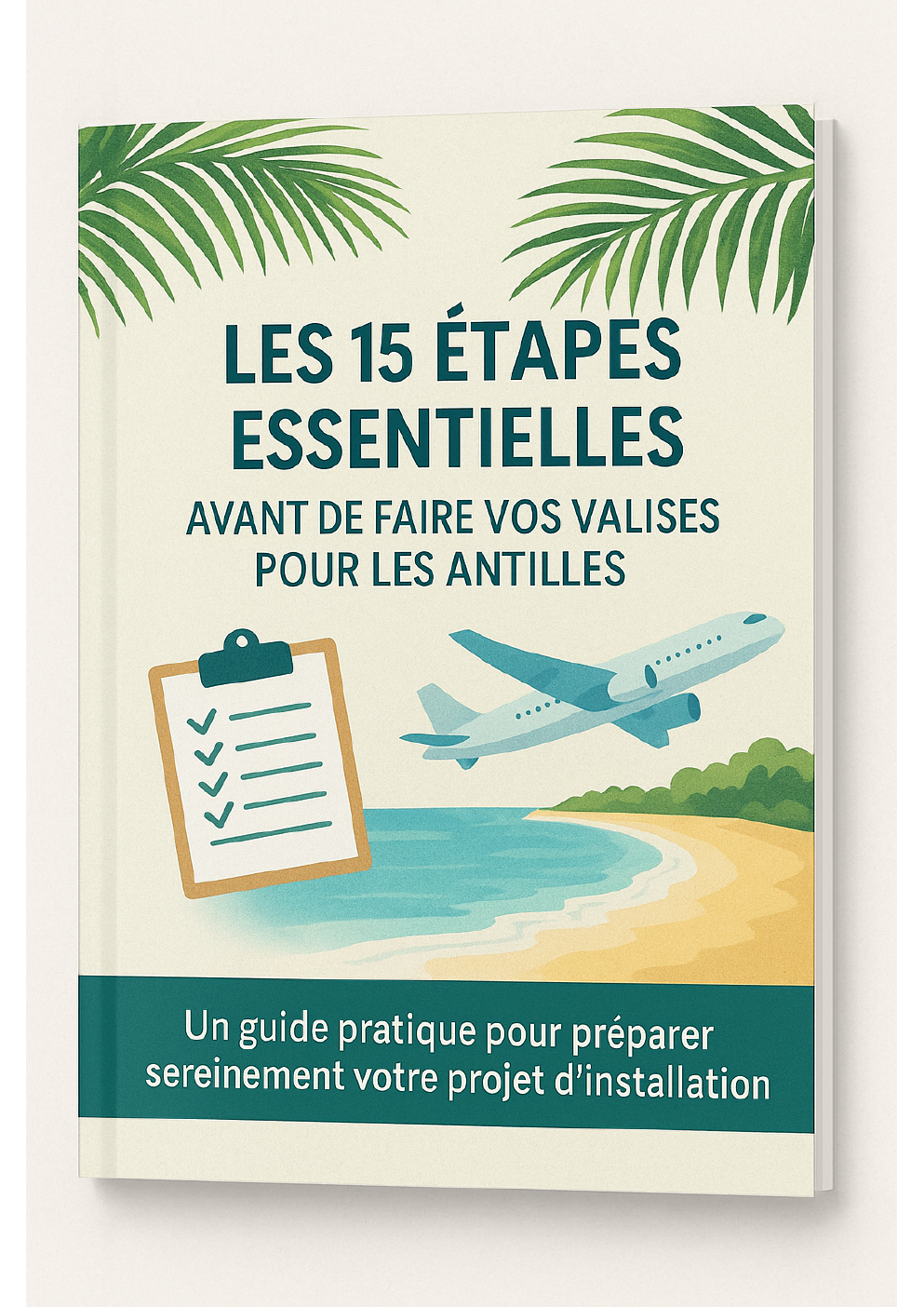 Couverture du guide gratuit Les 15 étapes essentielles avant de faire vos valises pour les Antilles